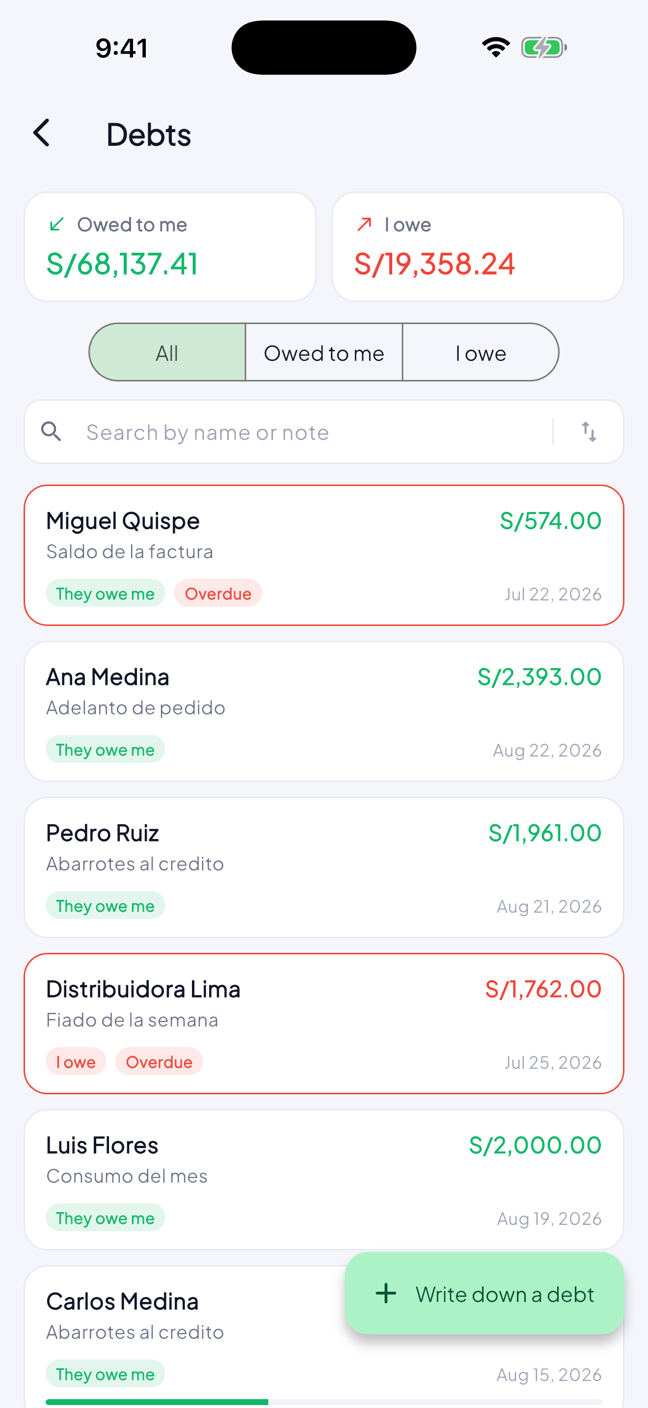 The debts screen in MoneyLog: what is owed to you and what you owe, each with its person, what it was for and its date