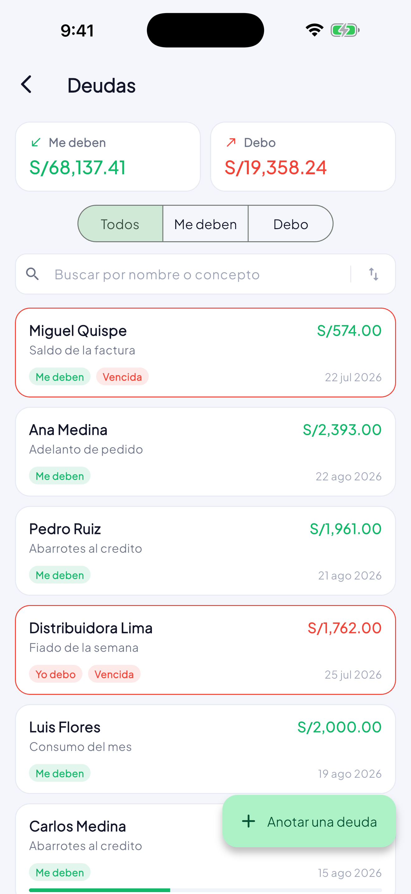 La pantalla de deudas de MoneyLog: lo que le deben y lo que debe, con cada persona, su concepto y su fecha