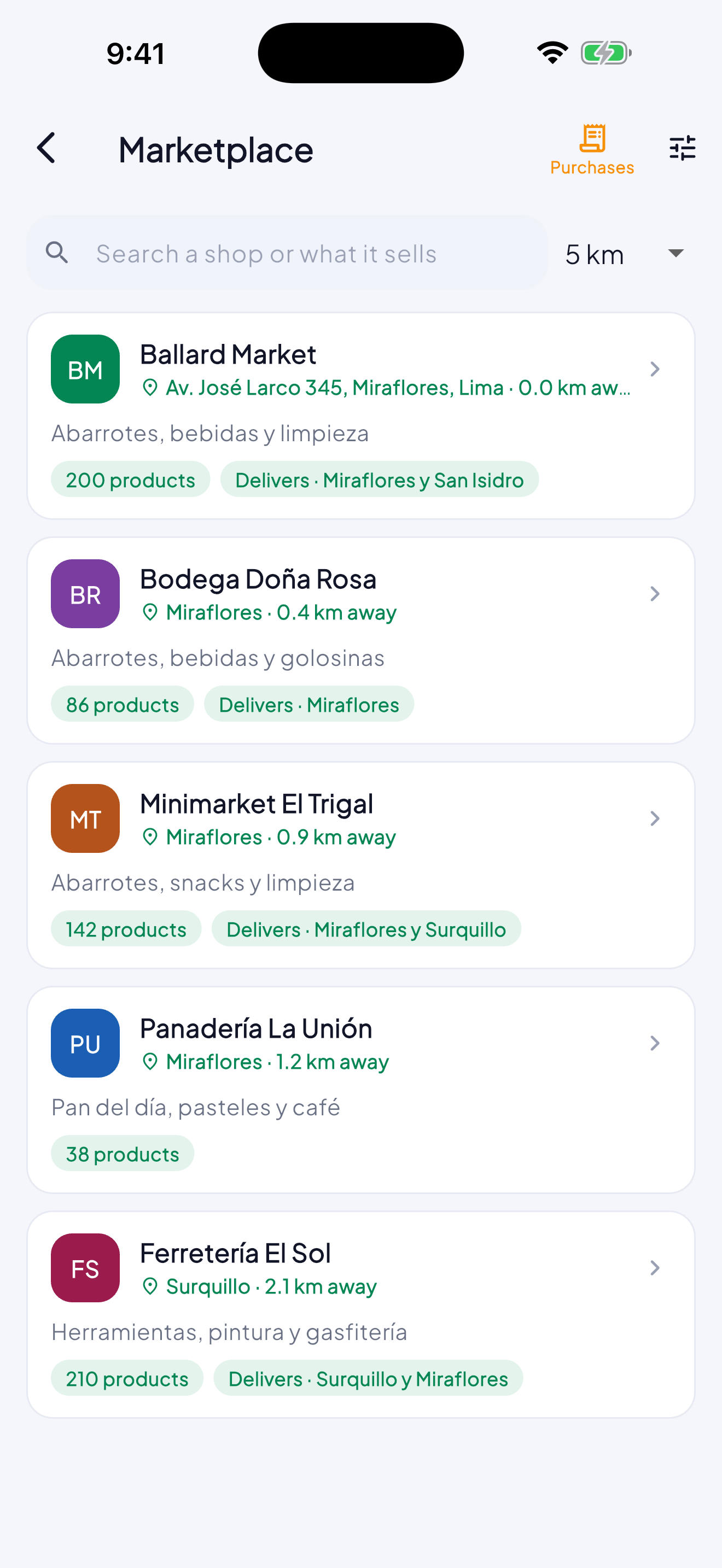 The MoneyLog Marketplace: the shops listed nearby, with what they sell, how far away they are and whether they deliver