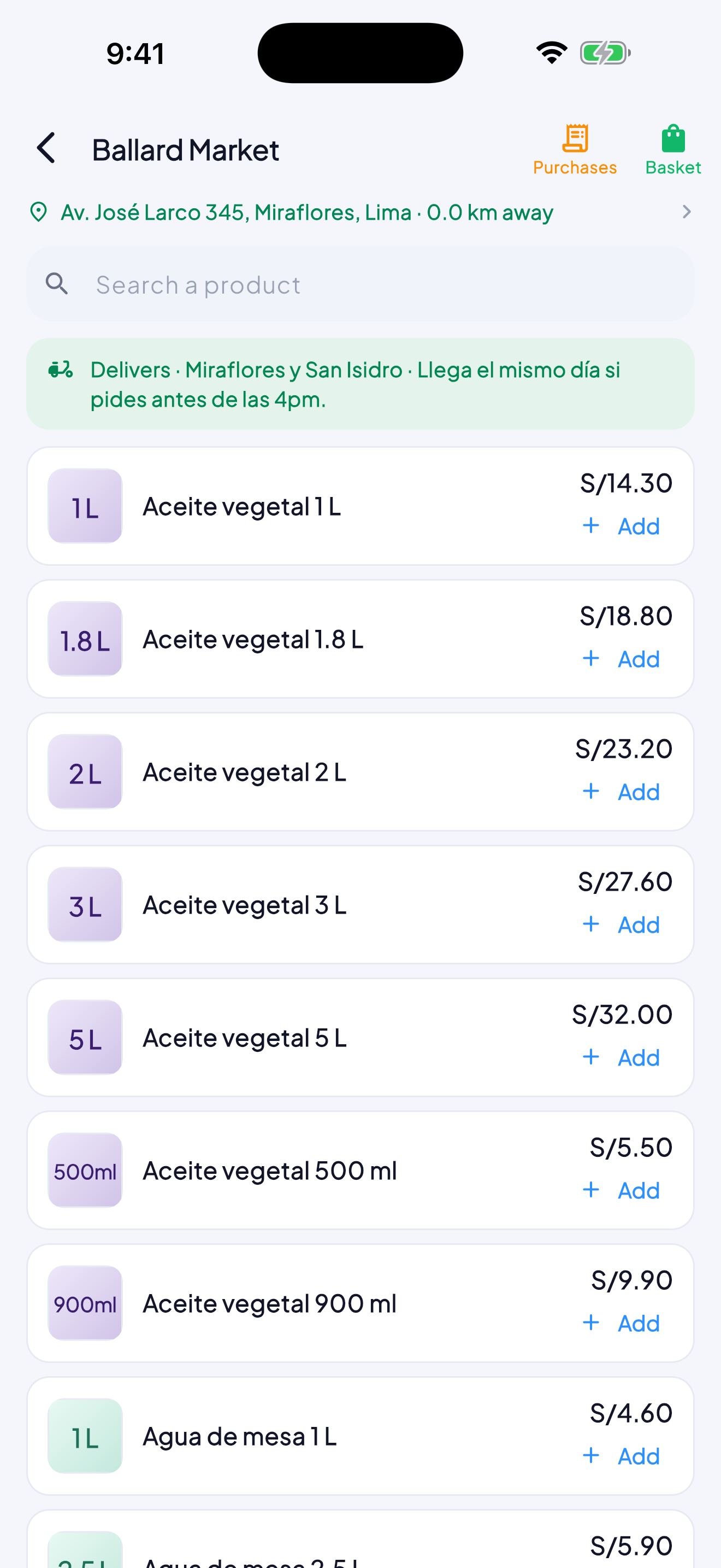 One shop’s price list inside the Marketplace, product by product, with its price and an add button