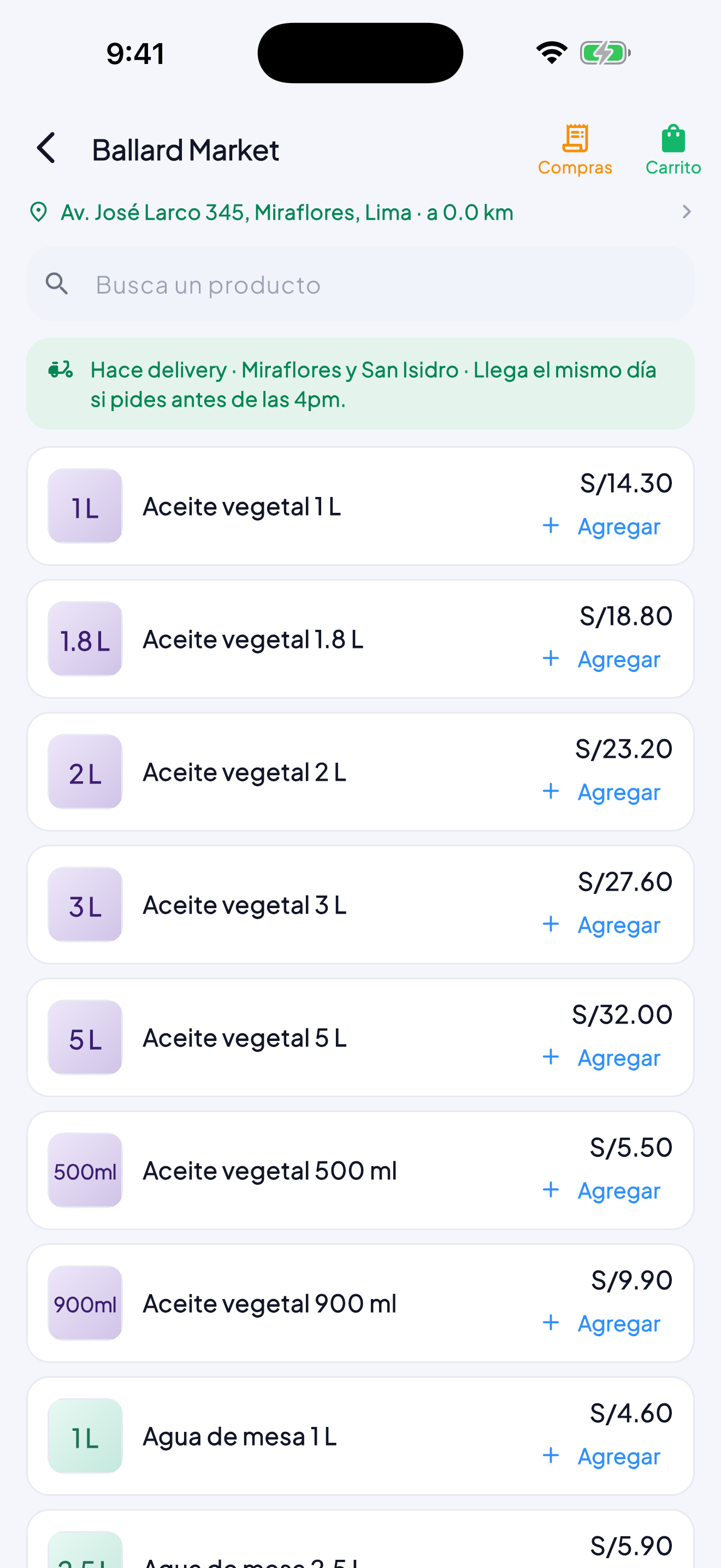 La lista de precios de una tienda dentro del Marketplace, producto por producto, con su precio y el botón de agregar