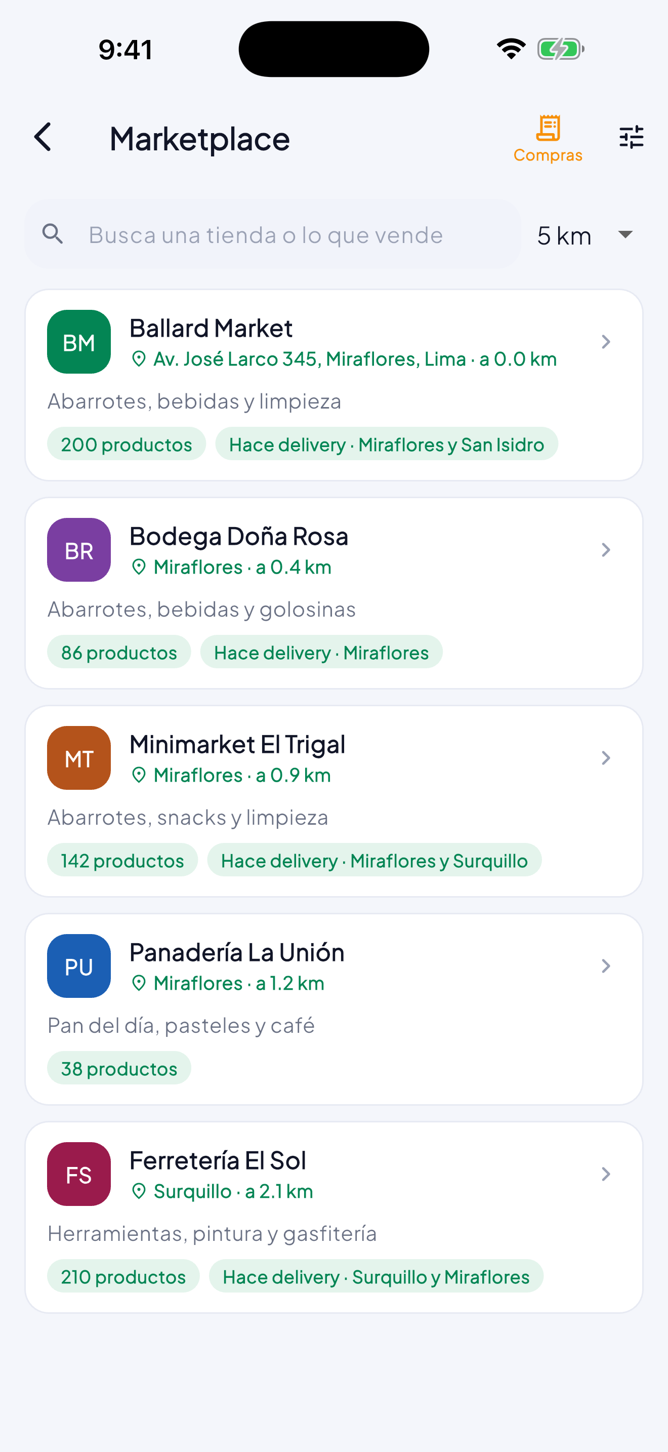 El Marketplace de MoneyLog: las tiendas listadas cerca, con lo que venden, a cuántos kilómetros están y si hacen delivery