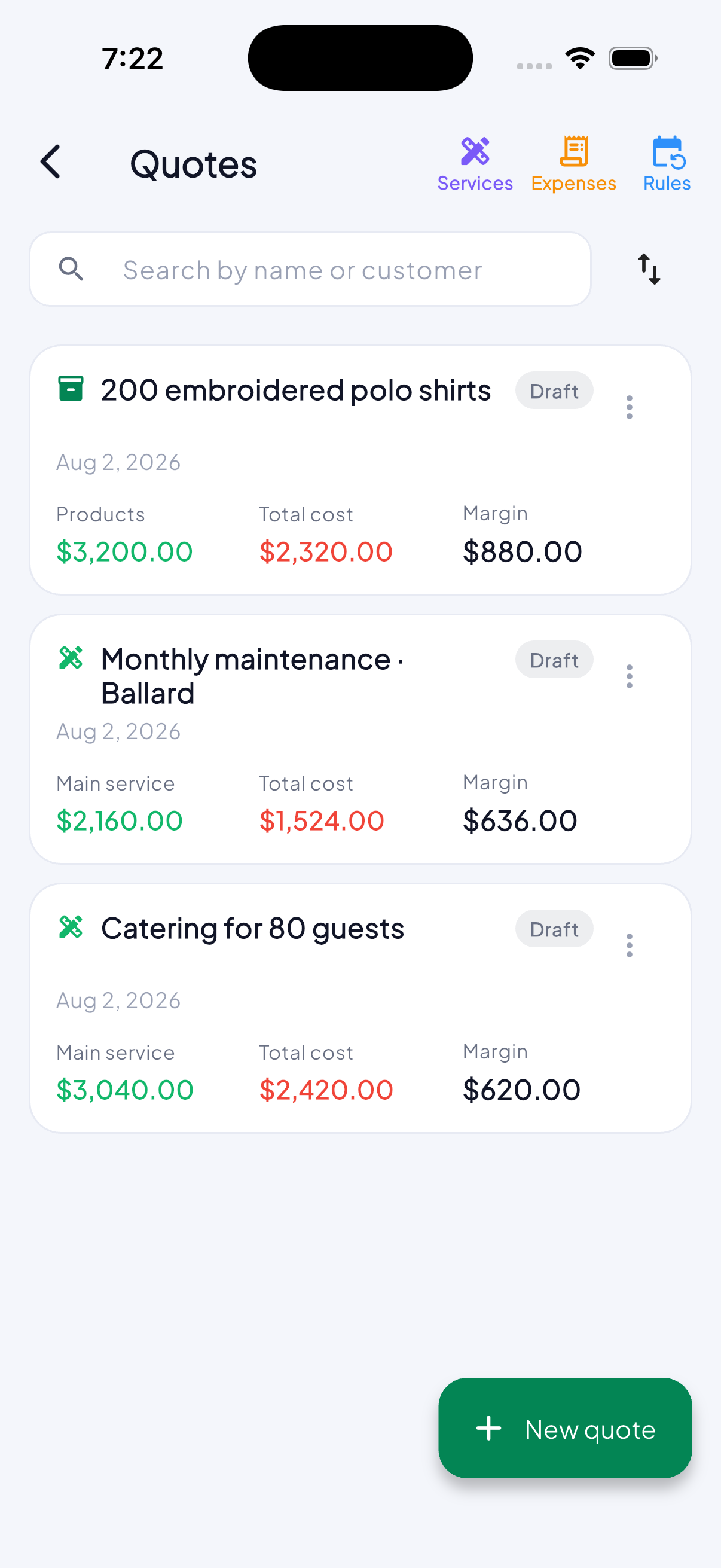 The list of quotes in MoneyLog, with each cost and margin