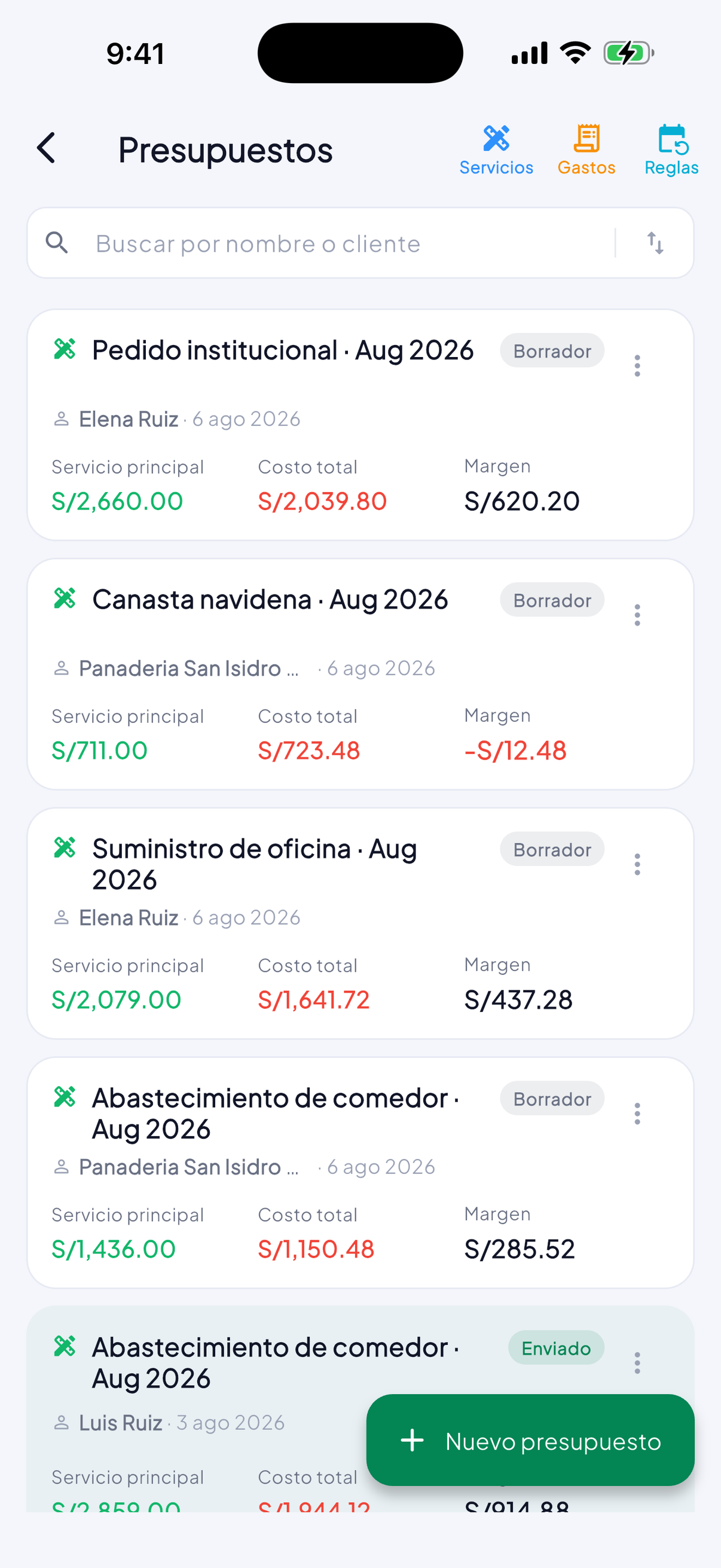 La lista de cotizaciones en MoneyLog, con el costo y el margen de cada una
