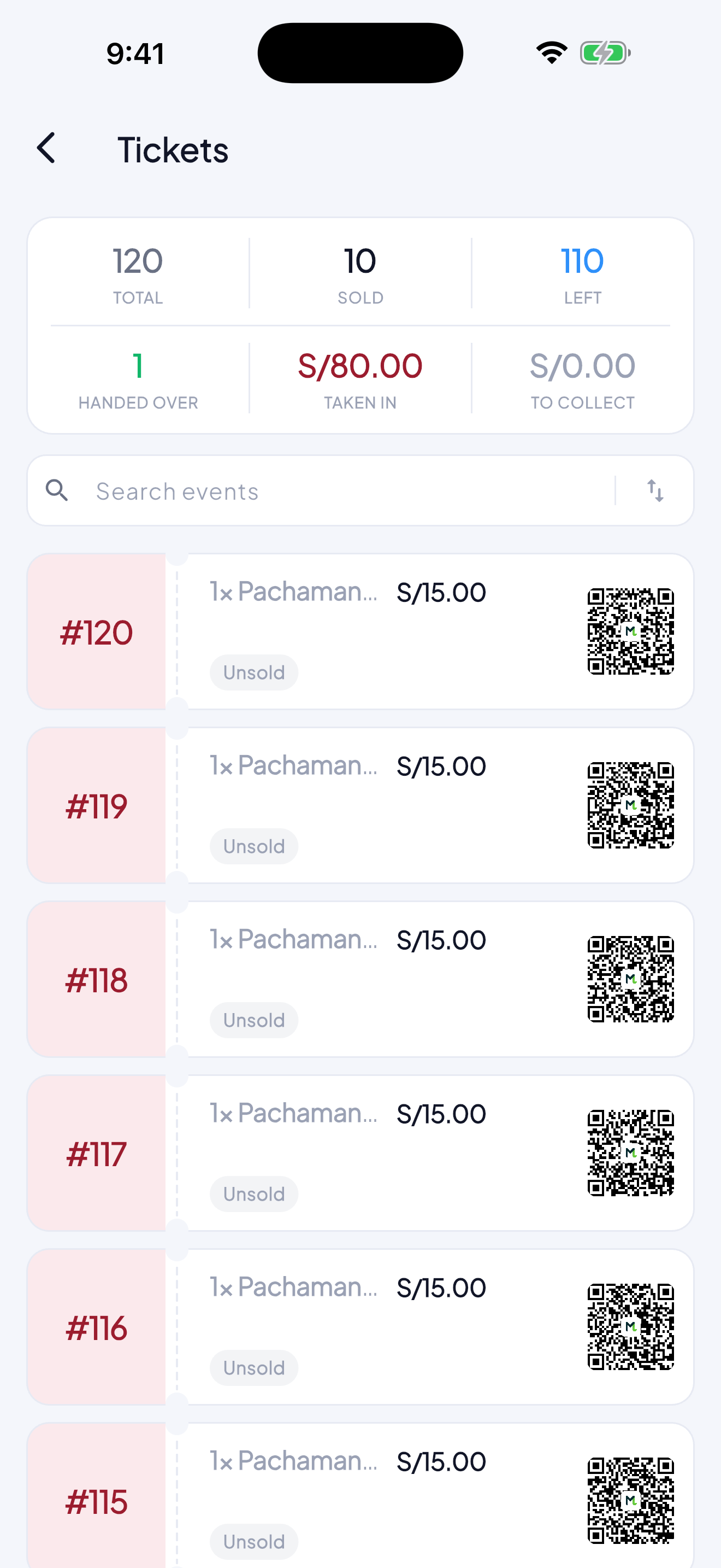 Tickets for an event in MoneyLog, each with its QR