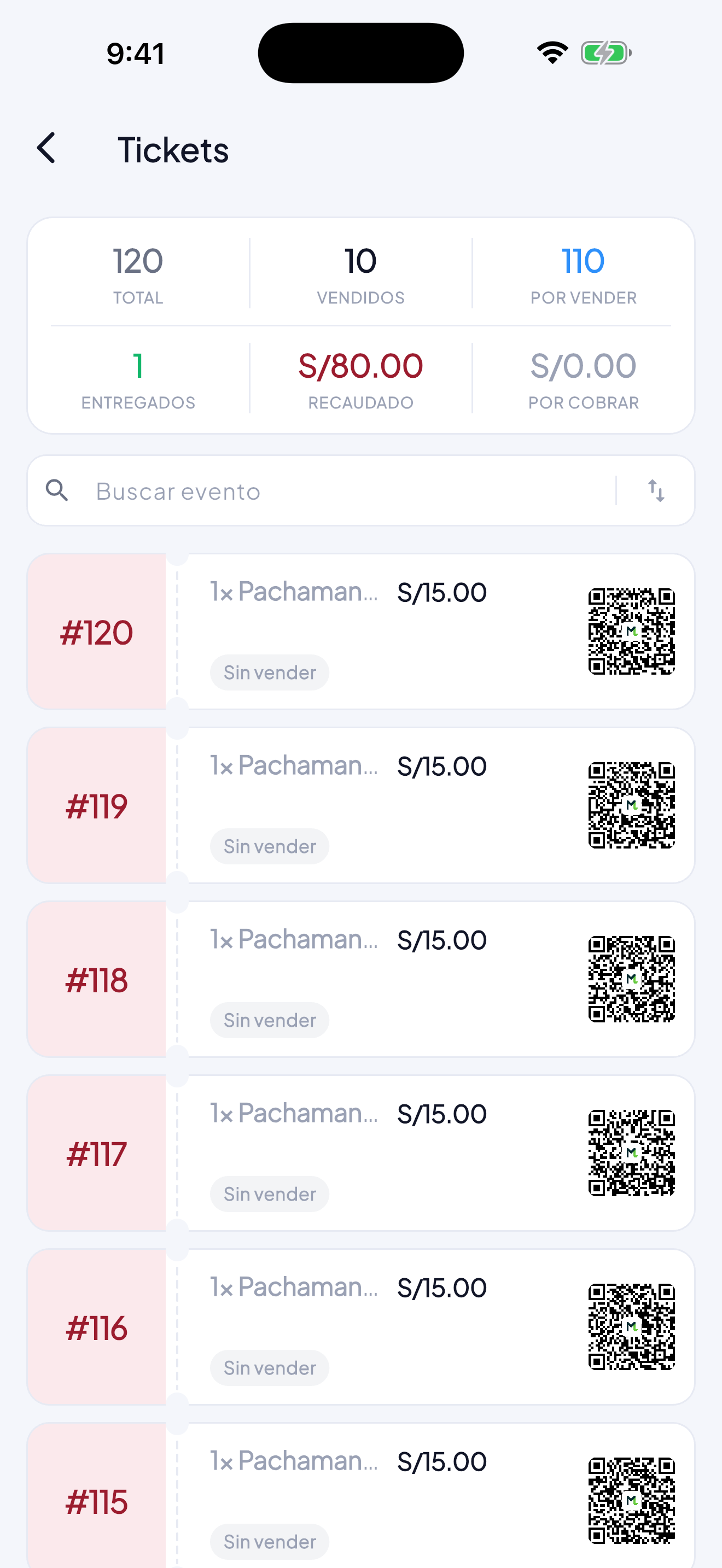 Los tickets de un evento en MoneyLog, cada uno con su QR