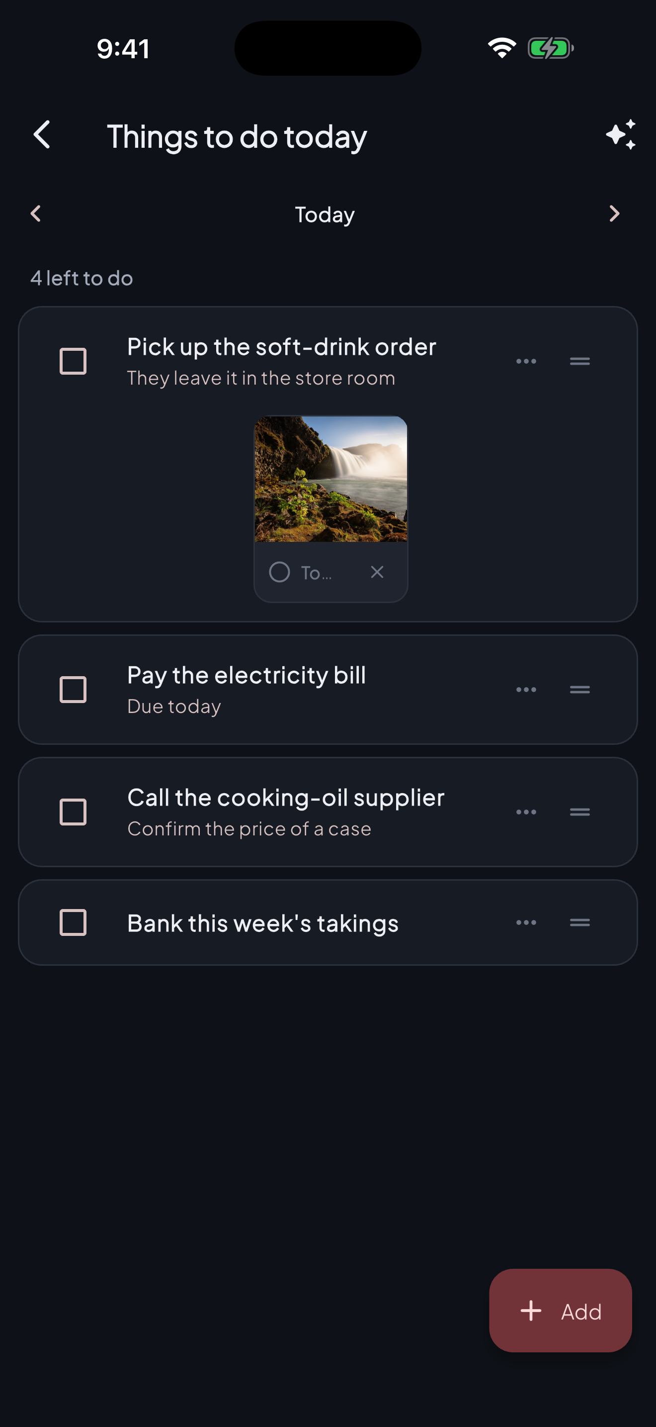 The things-to-do list in MoneyLog: the soft-drink order with its photograph attached, the electricity bill due today, and two more